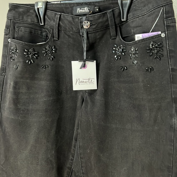 NWT Women’s Nanette Lepore Rhinestone Girlfriend Cropped Jeans Black Poison Sz 6 - Picture 3 of 10